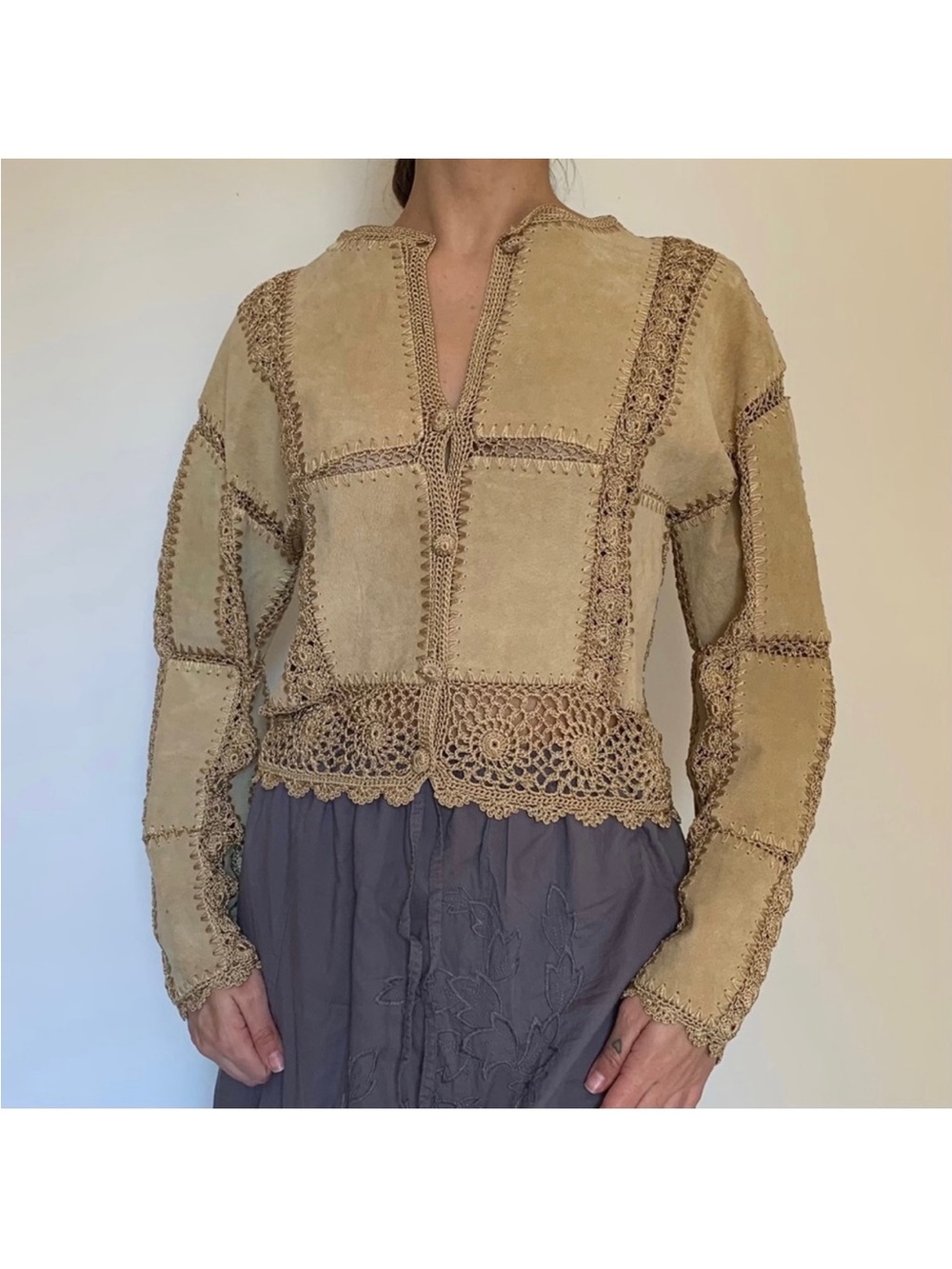 Scully Vintage Western BOHO Tan Suede & Crochet Patchwork with lace trim jacket